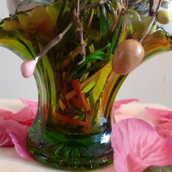 Green Glass Basket With Floral Eggs - Picture 10 of 11